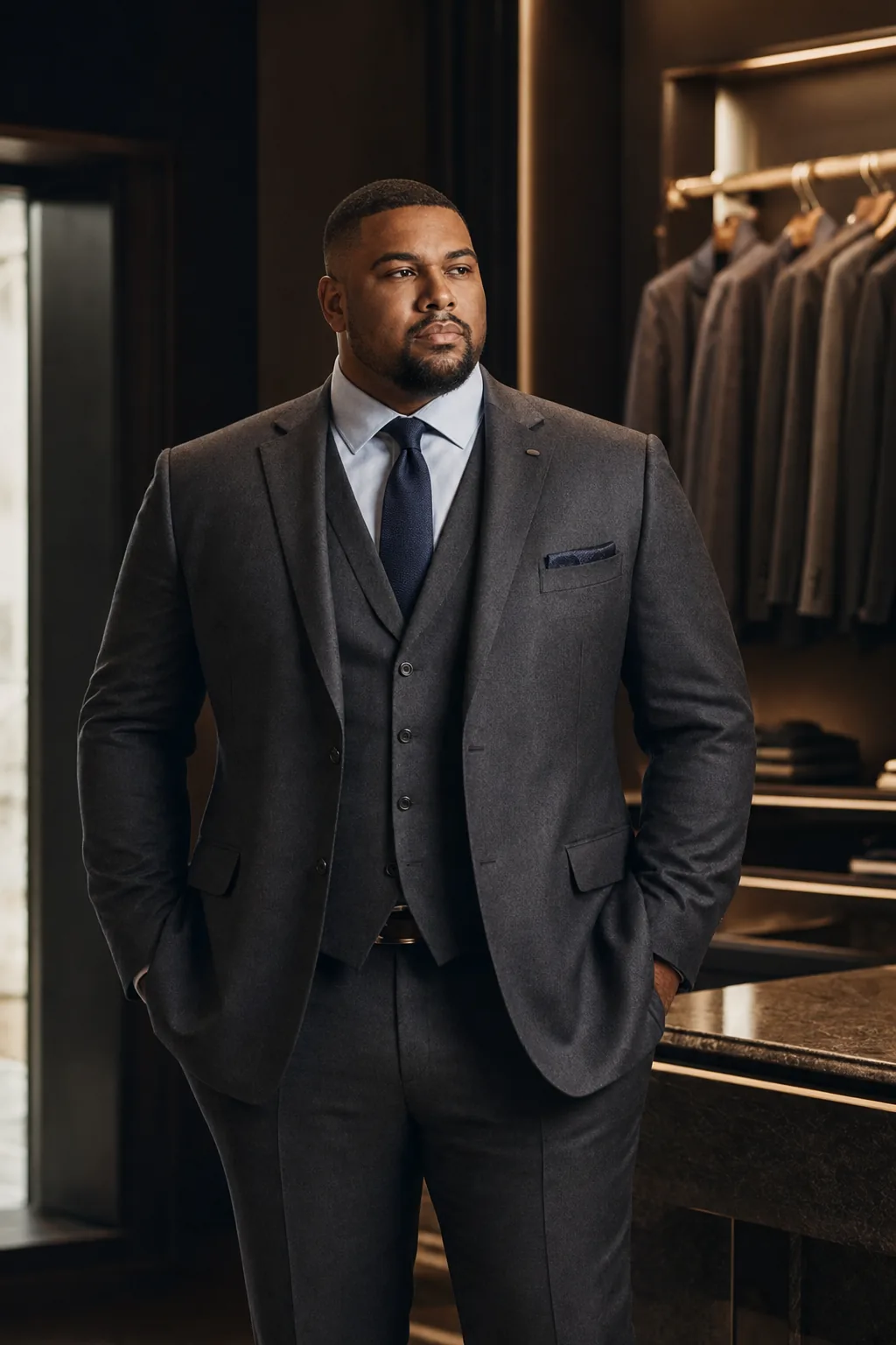 Big and tall man in a charcoal three-piece suit