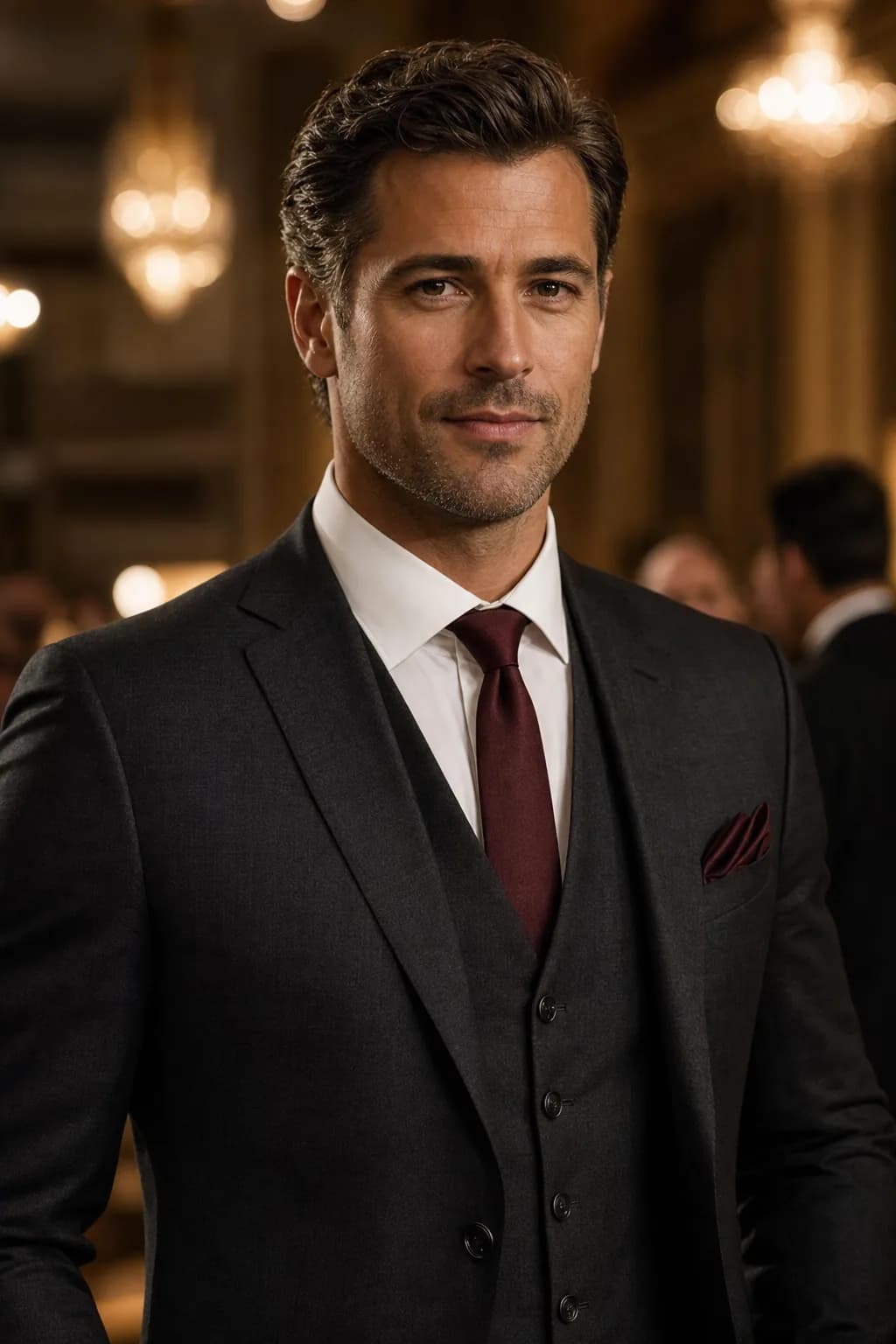 Man in a charcoal three-piece suit at an evening gala