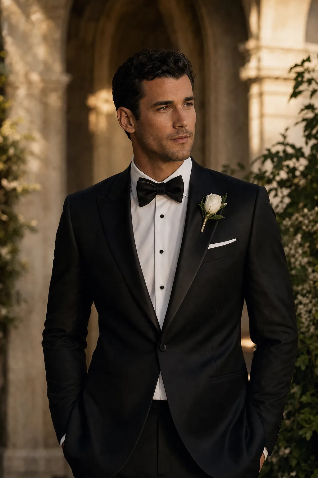 Groom in a black tuxedo with a white rose boutonniere