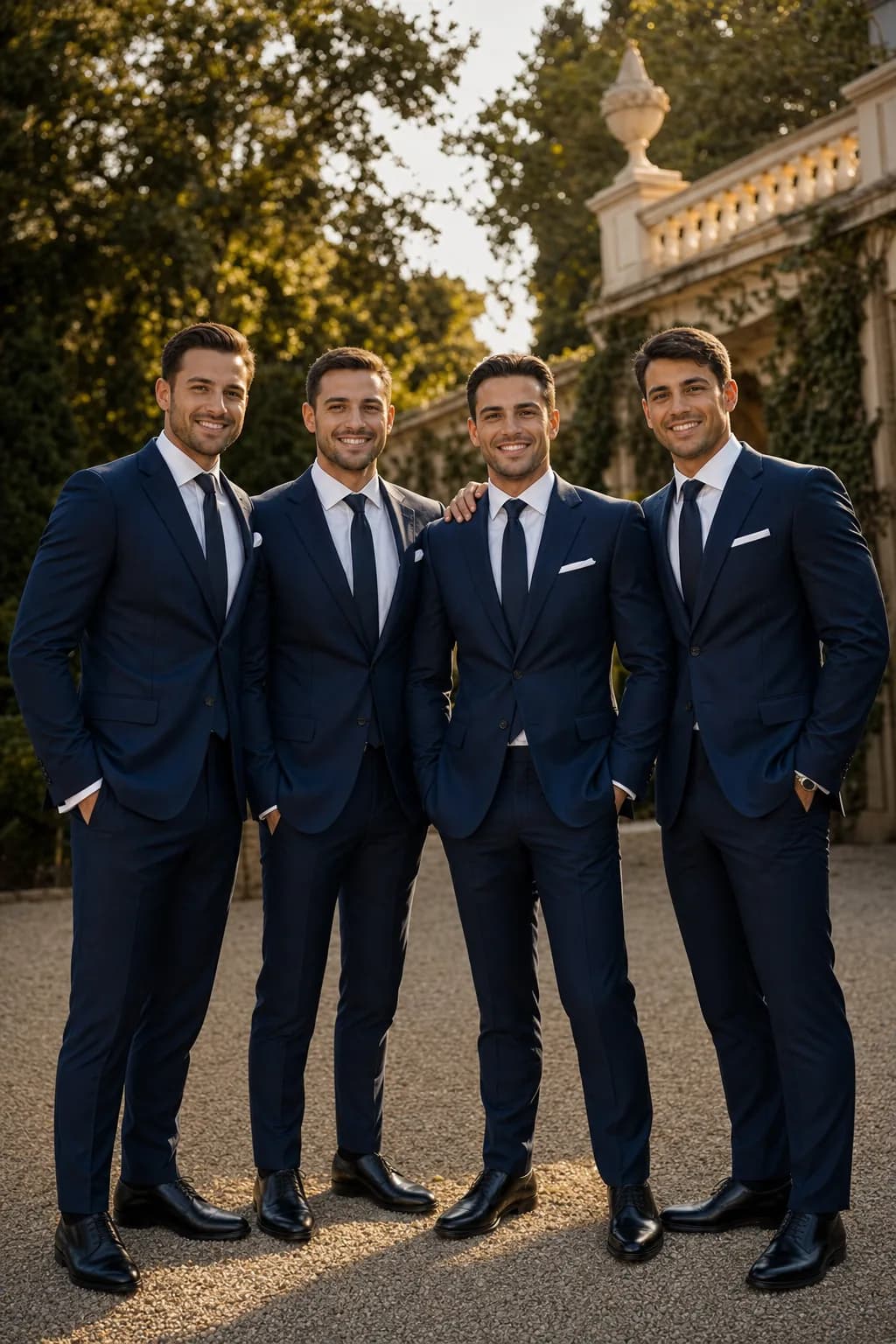 Four young men in coordinated navy suits