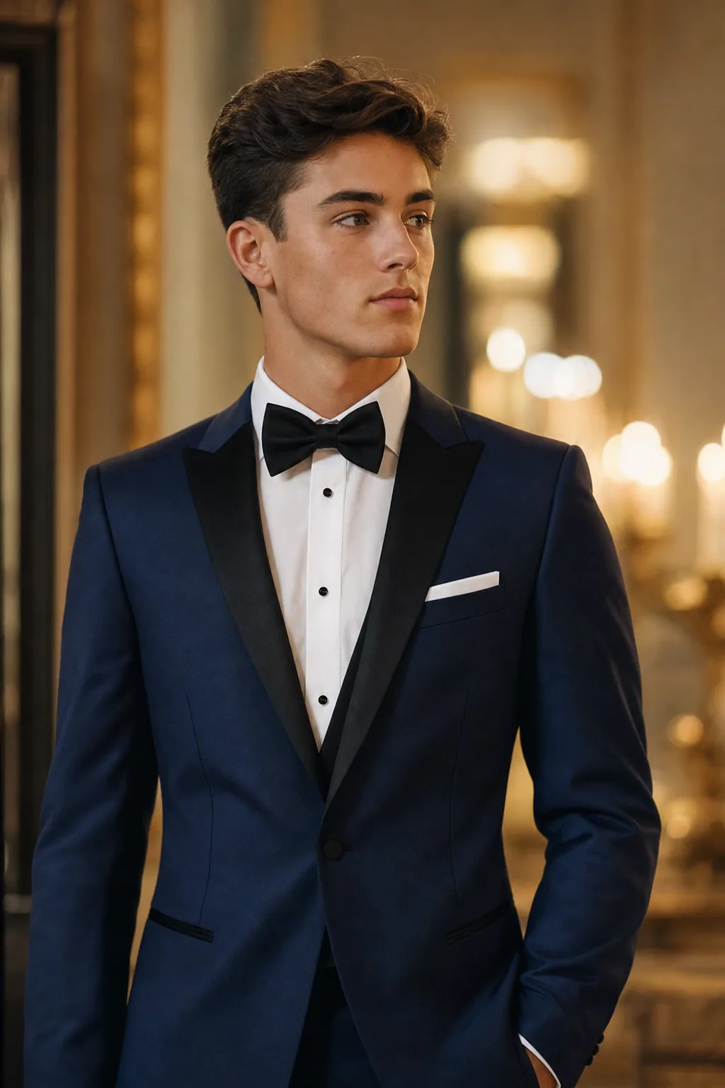 Young man in a navy prom tuxedo with black satin lapels