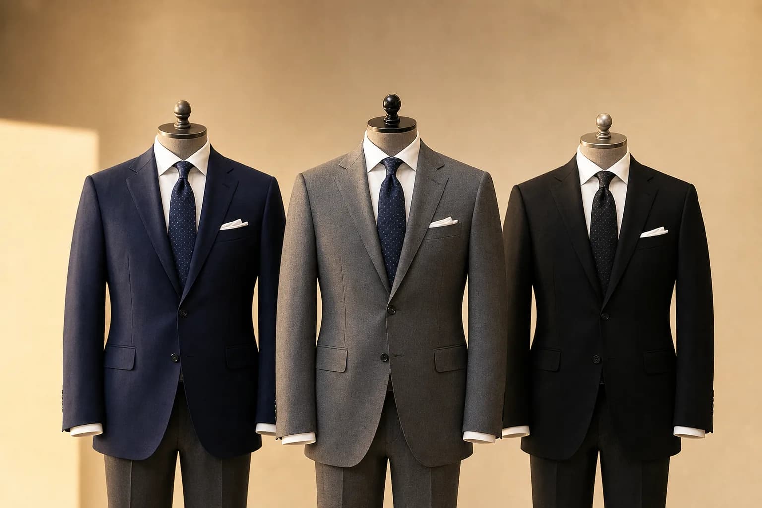 Three suits on mannequins: navy, grey and black, each with shirt and tie