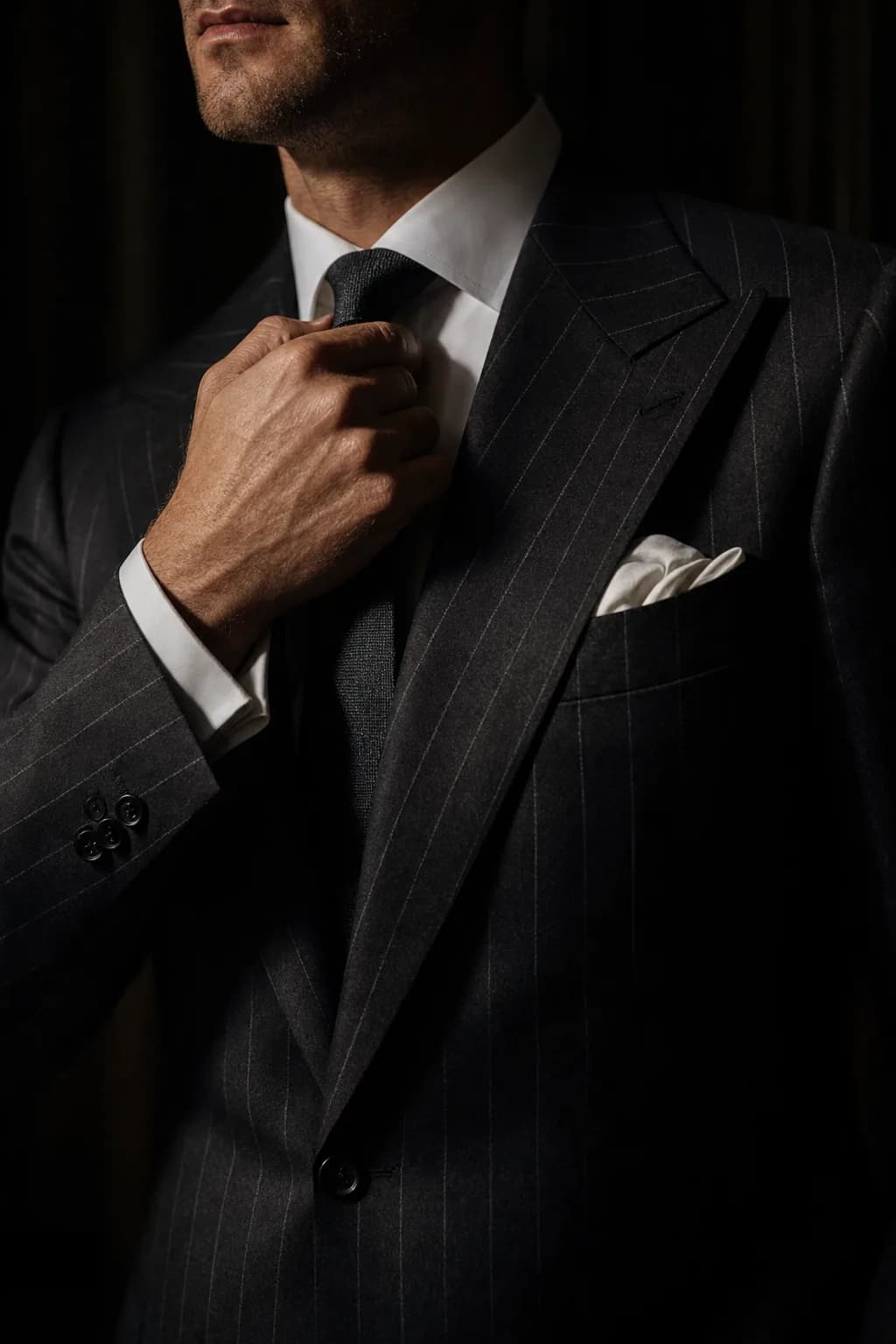 Close-up of a charcoal pinstripe suit and silk tie