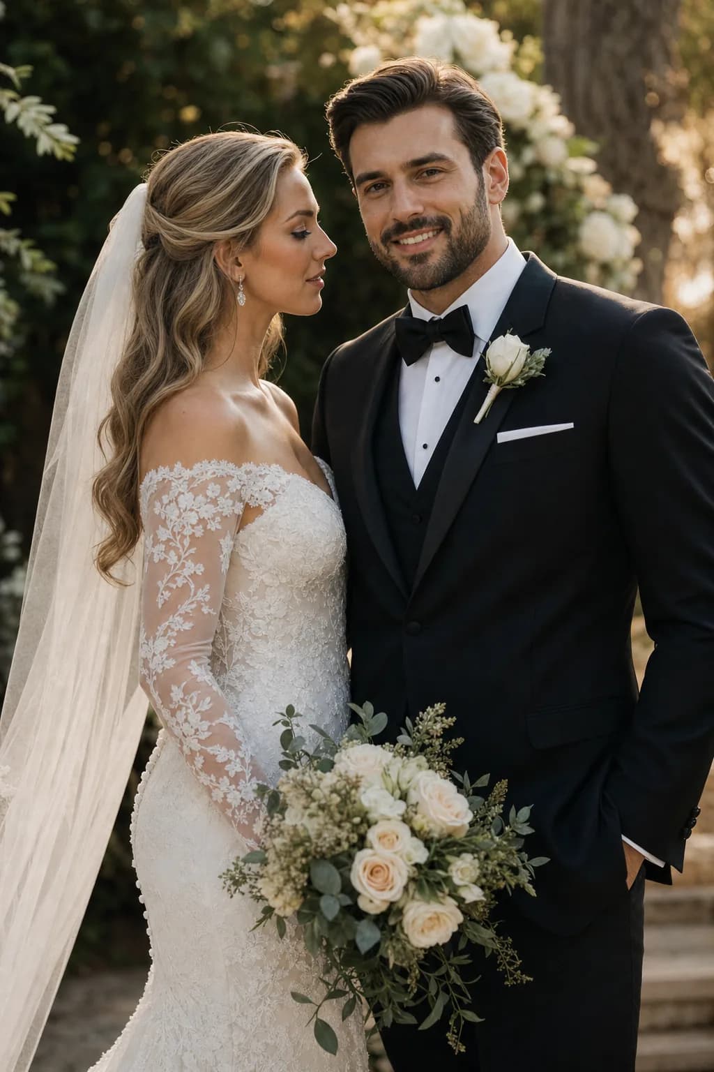Groom in a black tuxedo with his bride