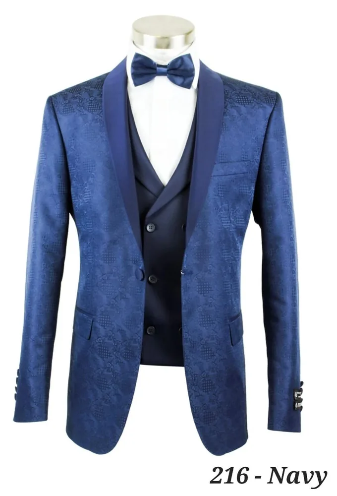 Style 216 navy jacquard dinner jacket with shawl lapel, vest and bow tie