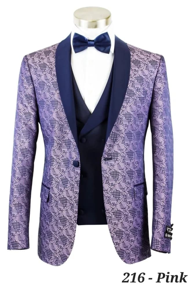 Style 216 pink jacquard dinner jacket with navy shawl lapel and vest