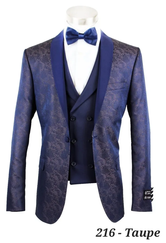 Style 216 taupe jacquard dinner jacket with navy shawl lapel and vest