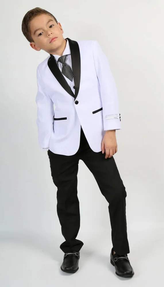 Boy in a white dinner jacket with black lapels and grey bow tie