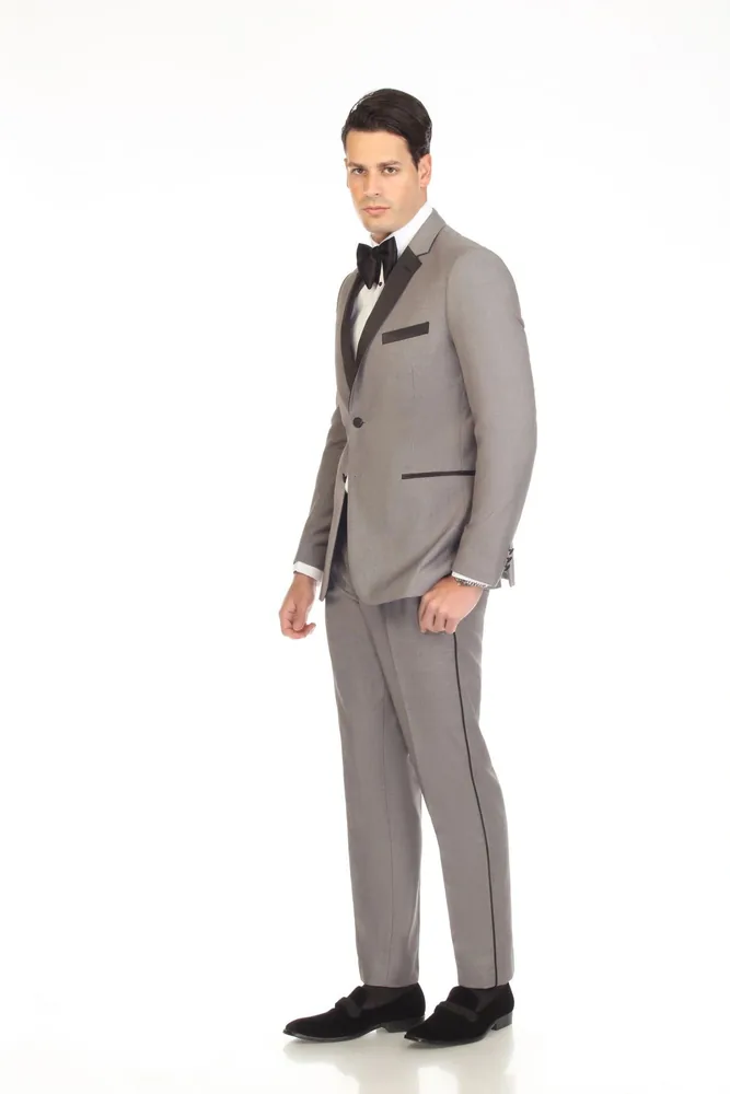 Grey tuxedo with black satin lapels, side view