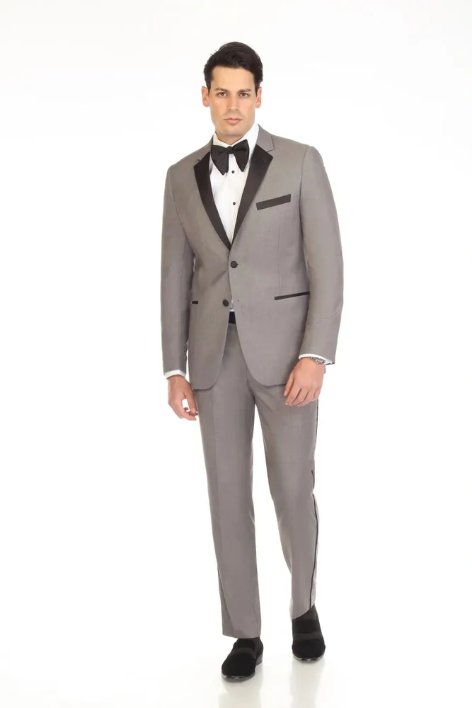Grey tuxedo with black satin lapels and bow tie