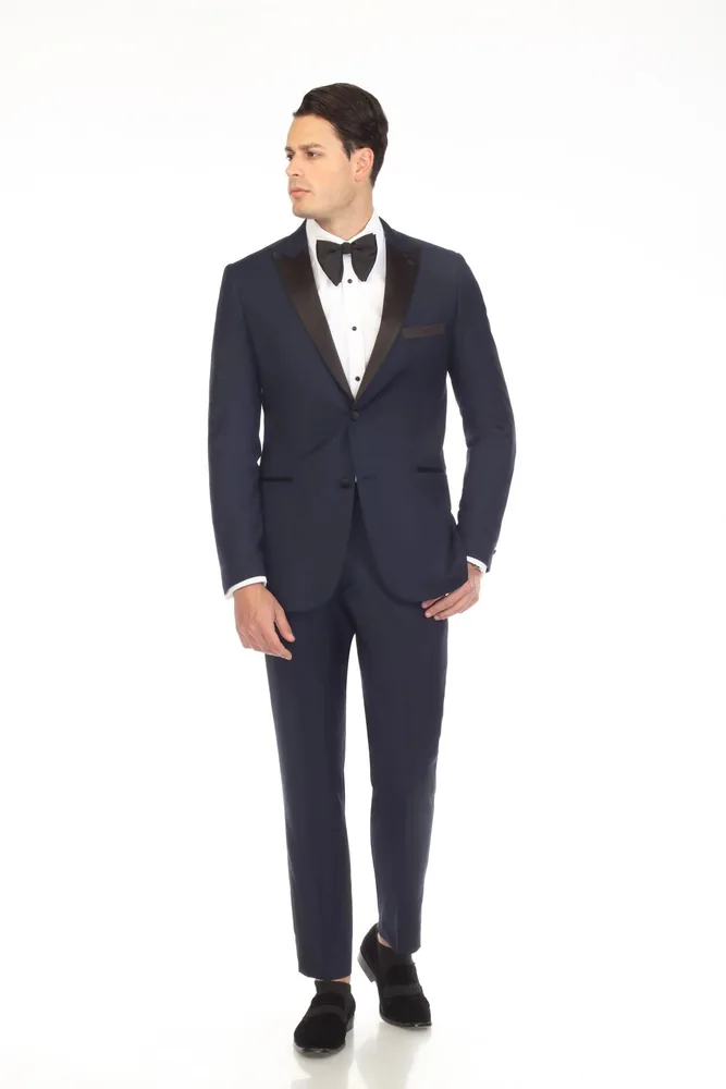 Navy tuxedo with black satin lapels, front view