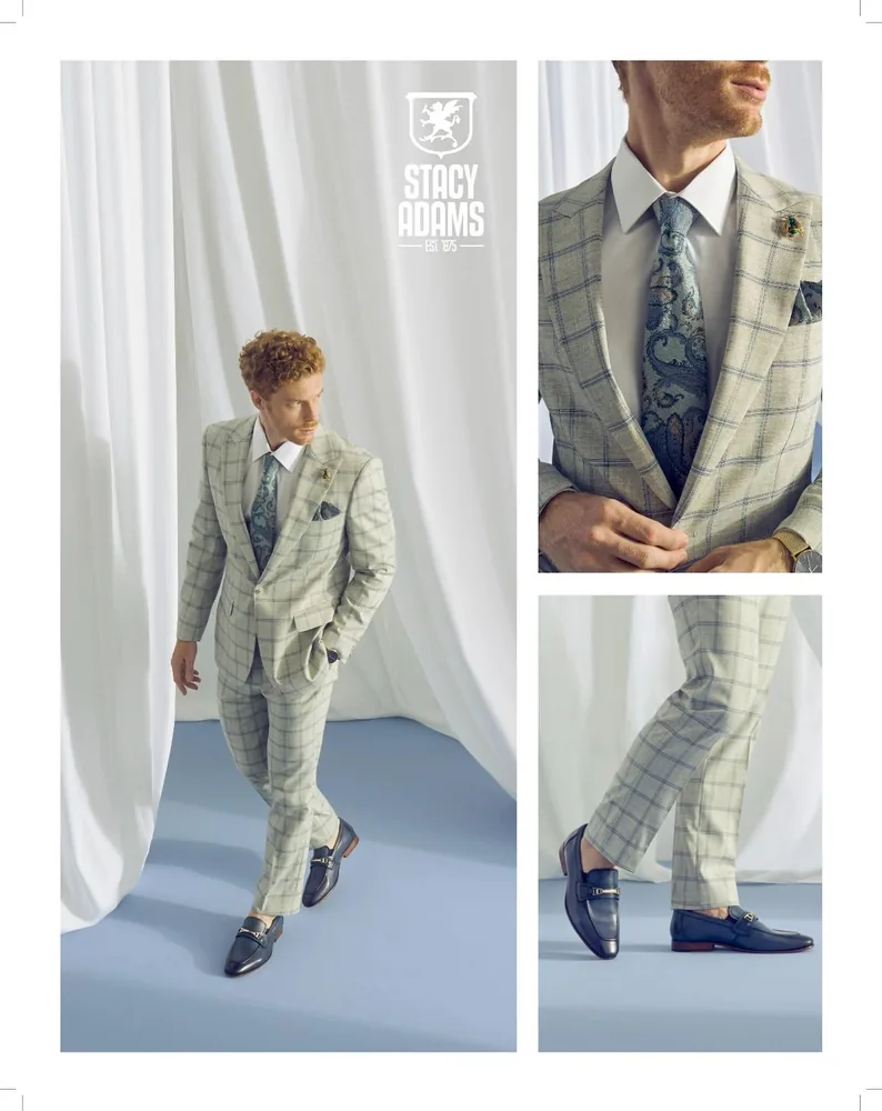 Stacy Adams light plaid three-piece suit with patterned tie