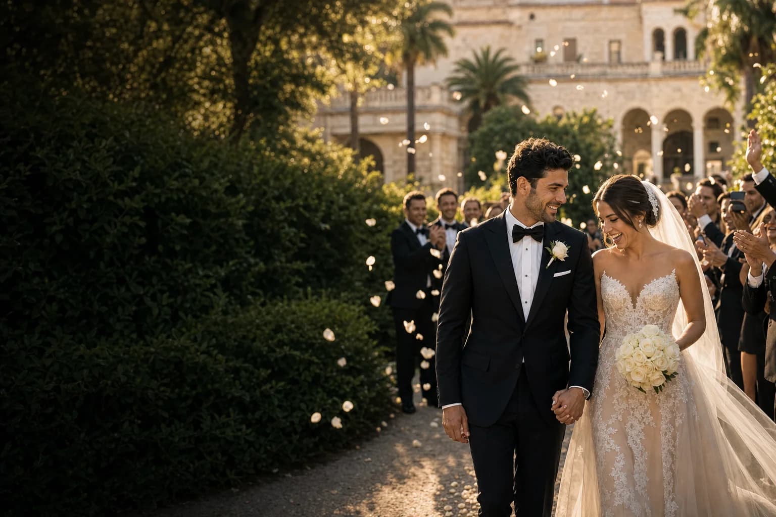 Bride and groom walking hand in hand after the ceremony as guests in black tuxedos applaud and throw petals