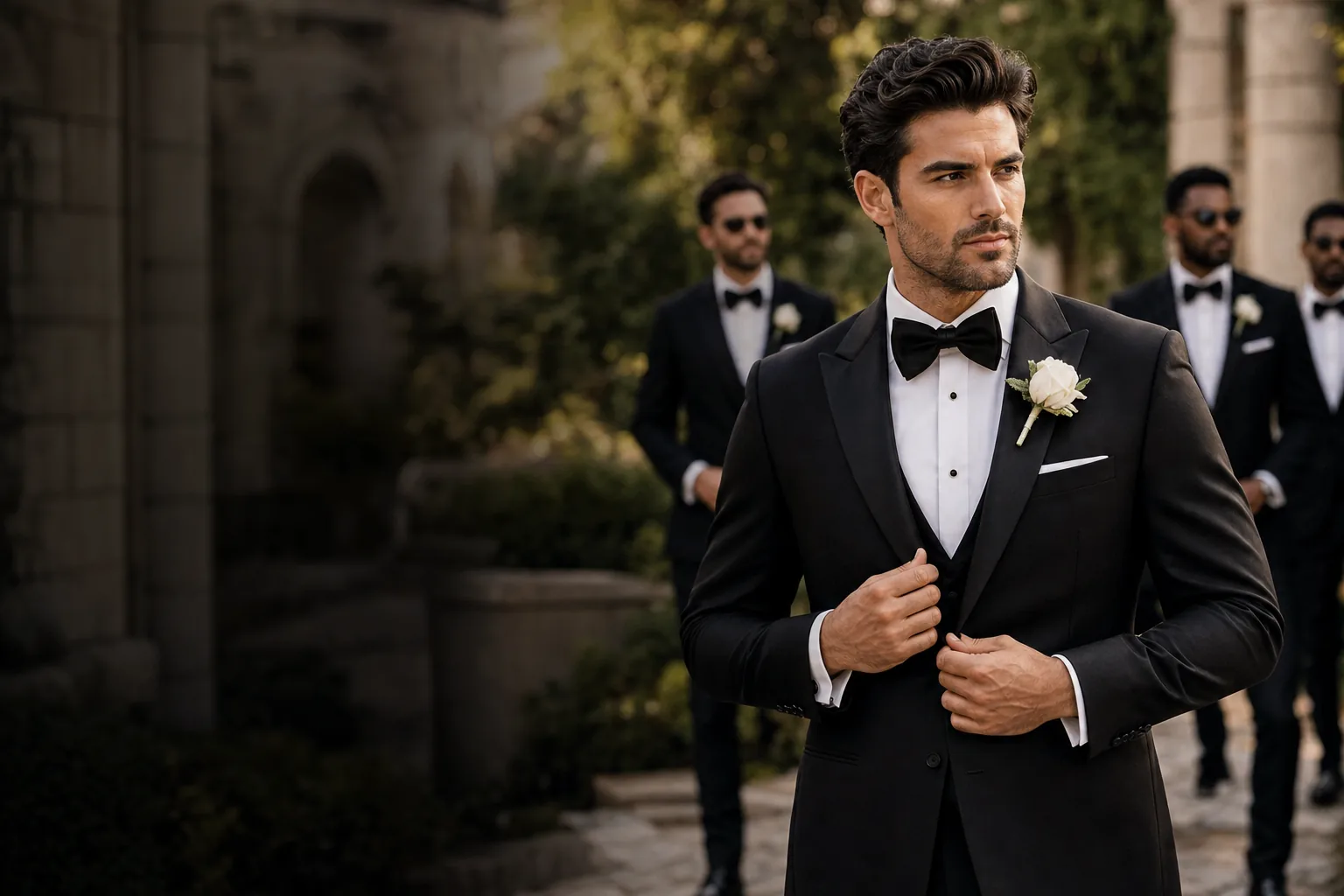 Man in a black tuxedo with white rose boutonniere, groomsmen behind him