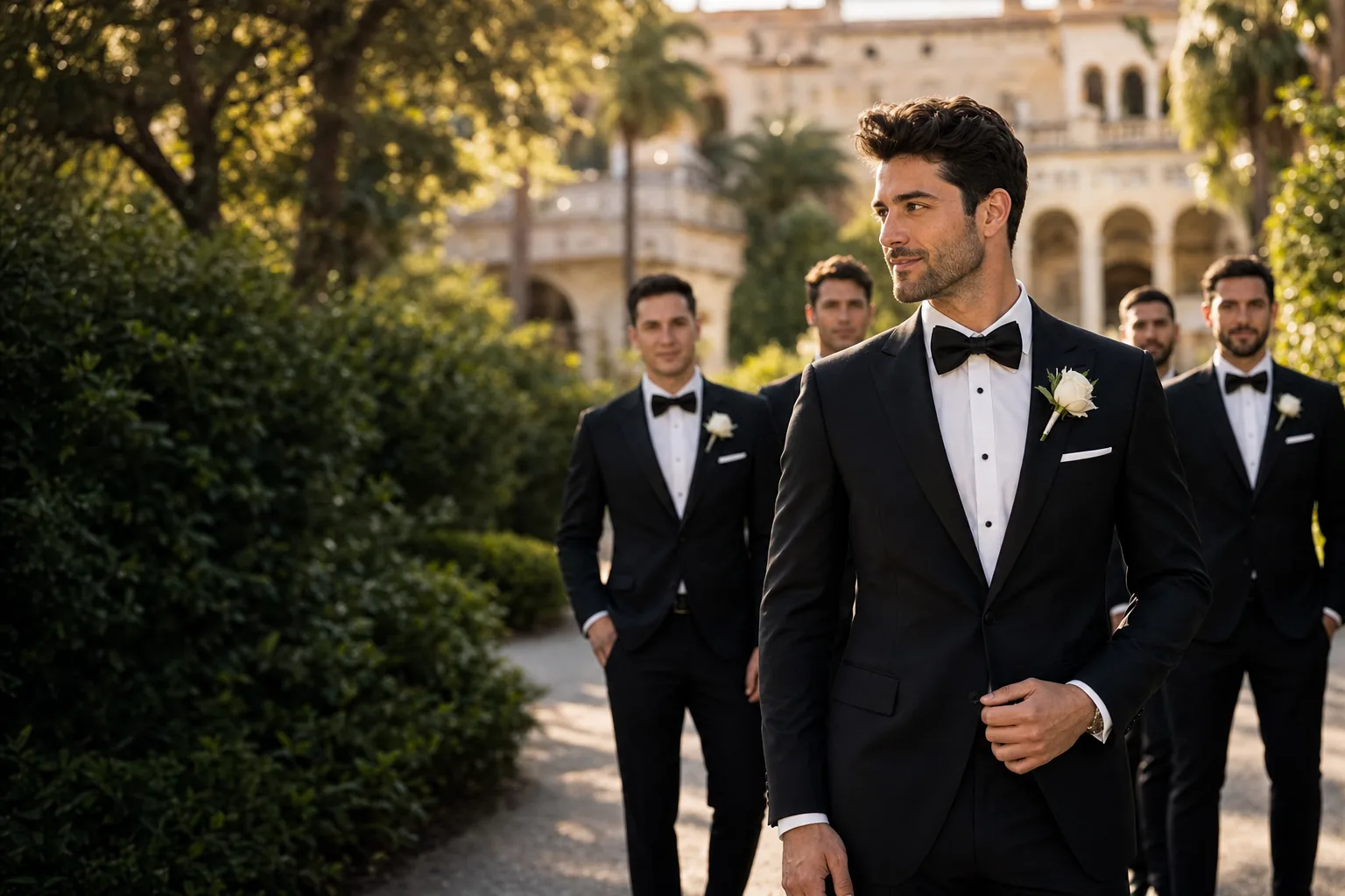 Groom and groomsmen in black tuxedos in a villa garden